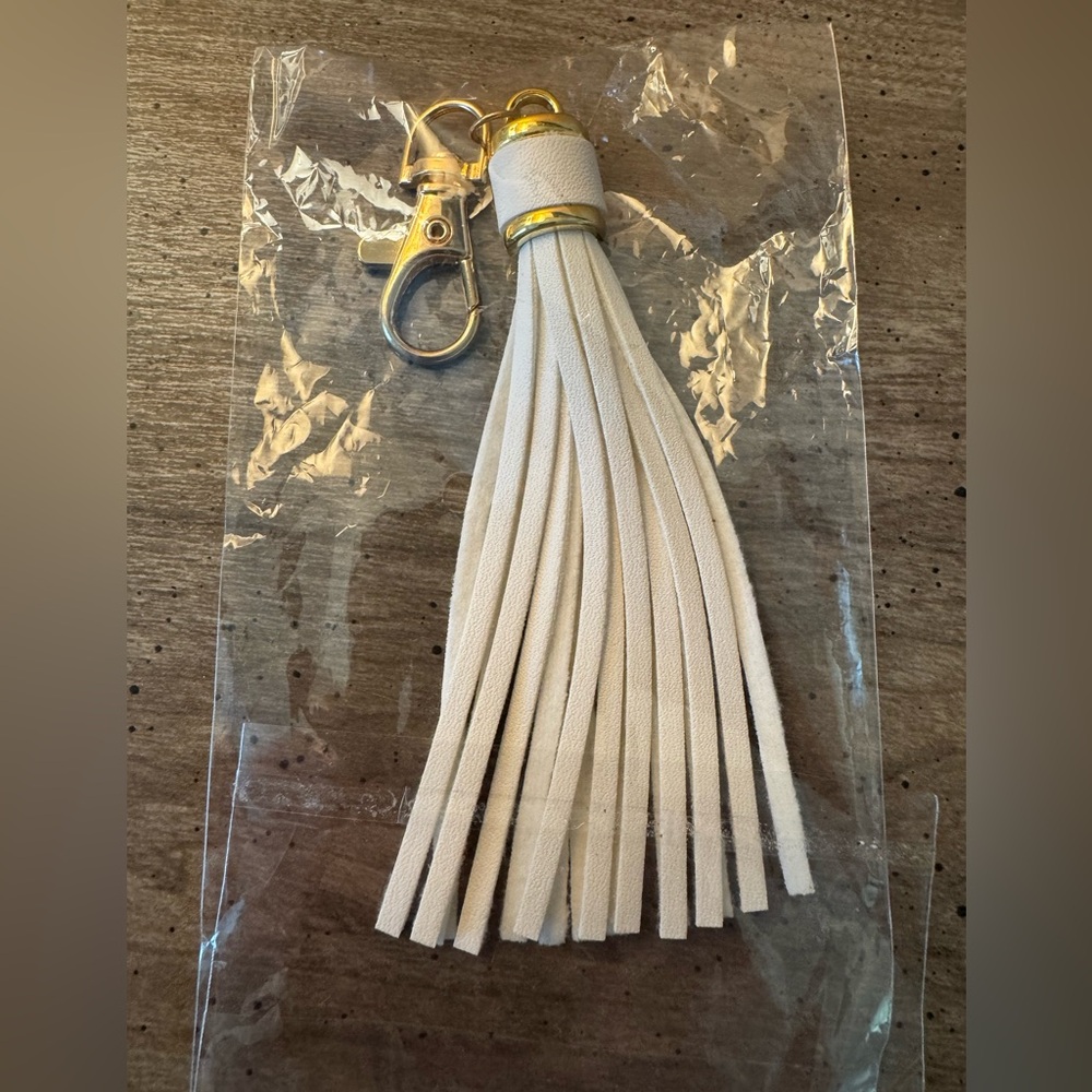 White Tassel Keychain with Gold Tone Hardware